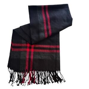 Plaid Scarf Black Red Gray Fringe Soft Warm Preppy Classic 66" x 28" Wrap